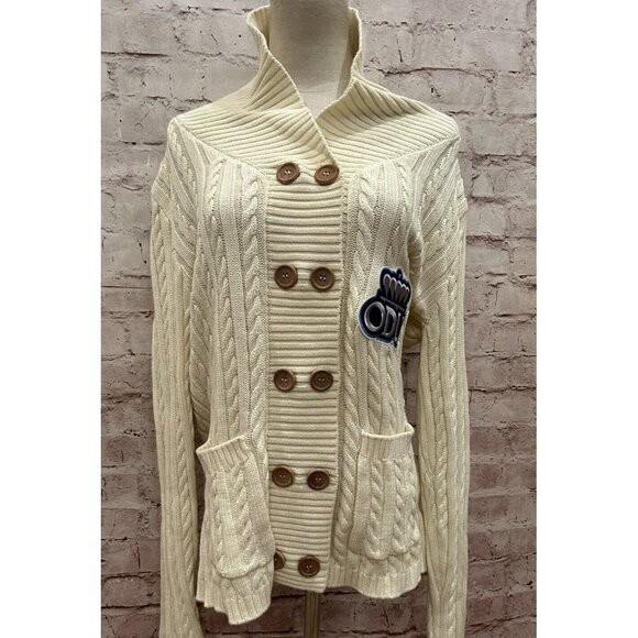 Cardigan Sweater Womens Large ODU Old Dominion University Ivory Cable Knit NEW - Picture 2 of 7